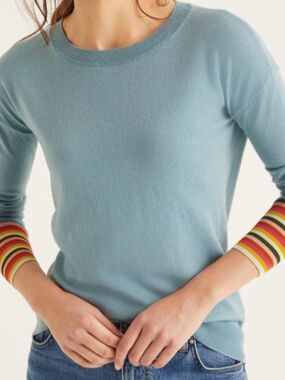 Boden Rainbow  Cuff Pale Blue Crewneck Sweater with Multicolor Striped Cuffs